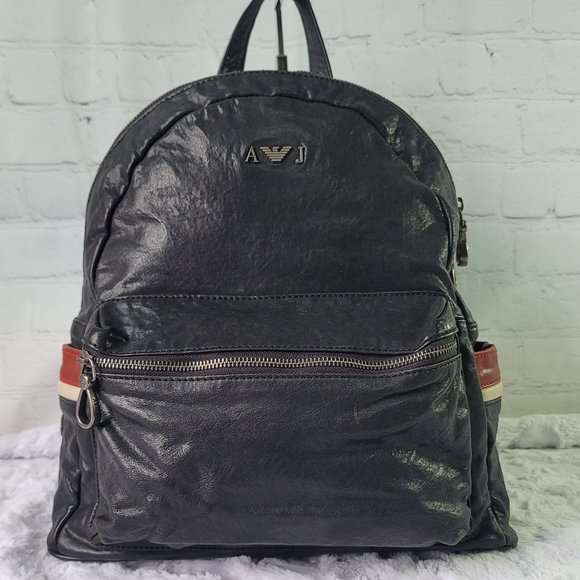 ARMANI JEANS Black Leather Backpack With Red White Stripe on The Side Pocket - Picture 3 of 15